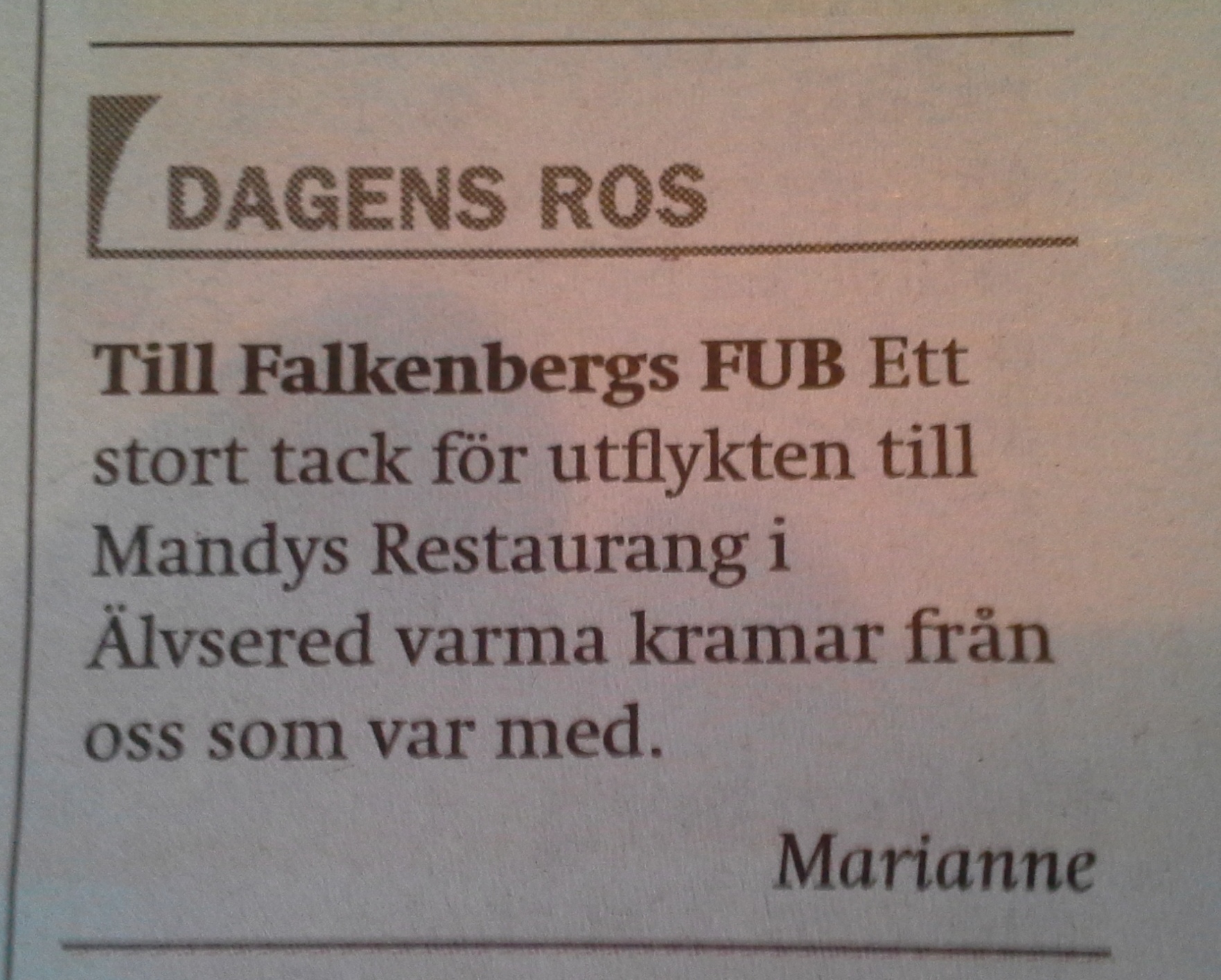Dagens ros till Falkenbergs FUB