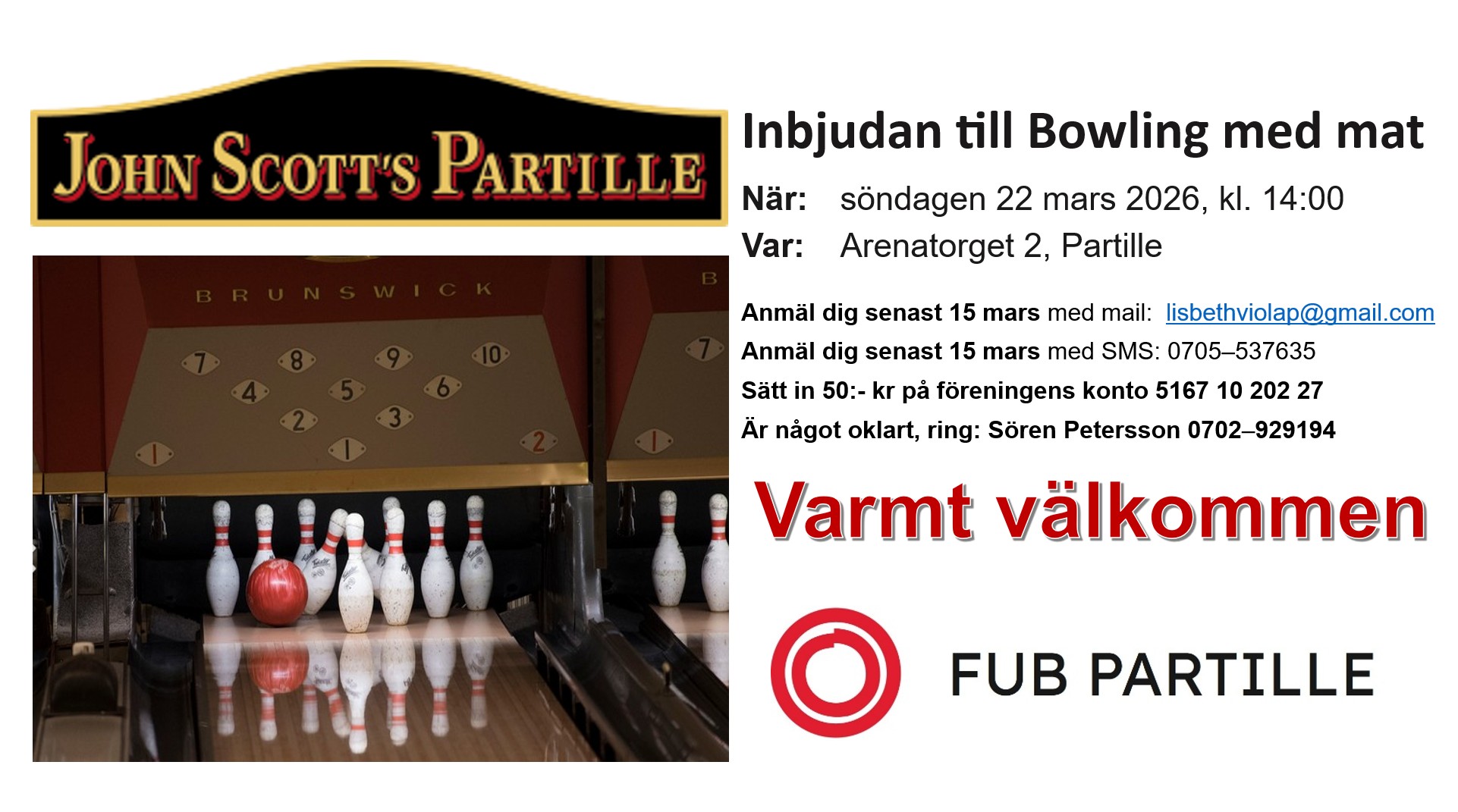 Inbjudan till Bowling Söndagen 22 mars 2026