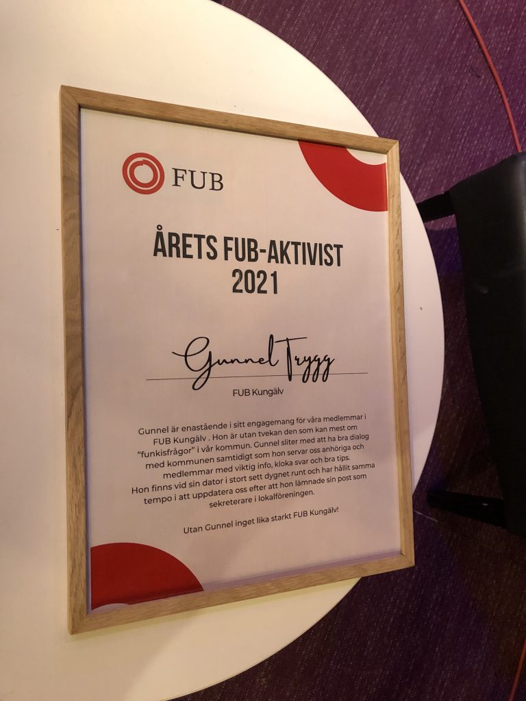 Gunnel Tryggs diplom. Årets FUB-aktivist 2021.