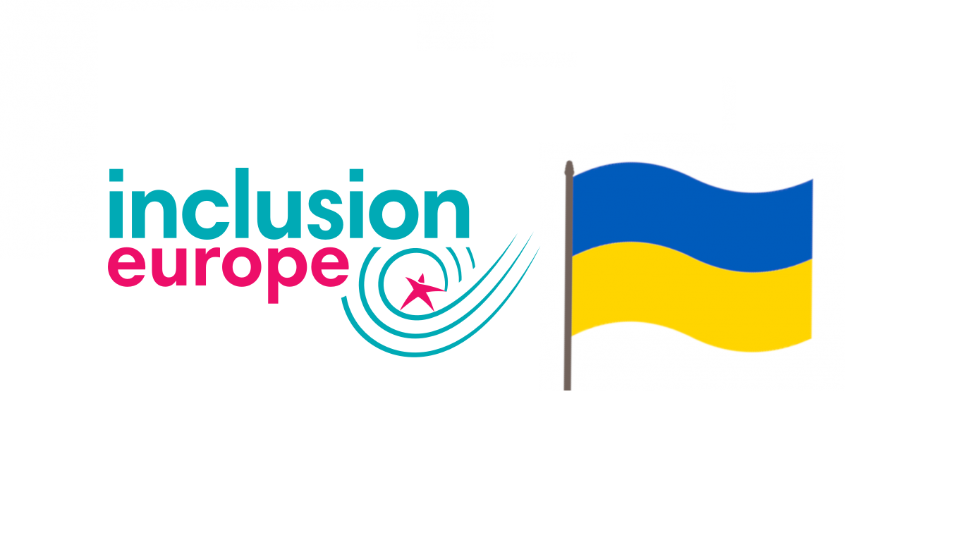 Inclusion Europes logotyp och Ukrainas flagga