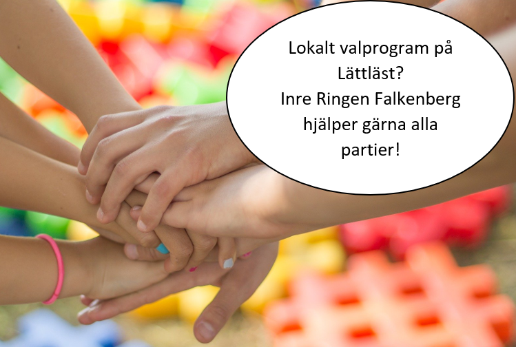 Händer som möts och en pratbubbla: Lokala valprogram på lättläst? Inre Ringen Falkenberg hjälper gärna alla partier!