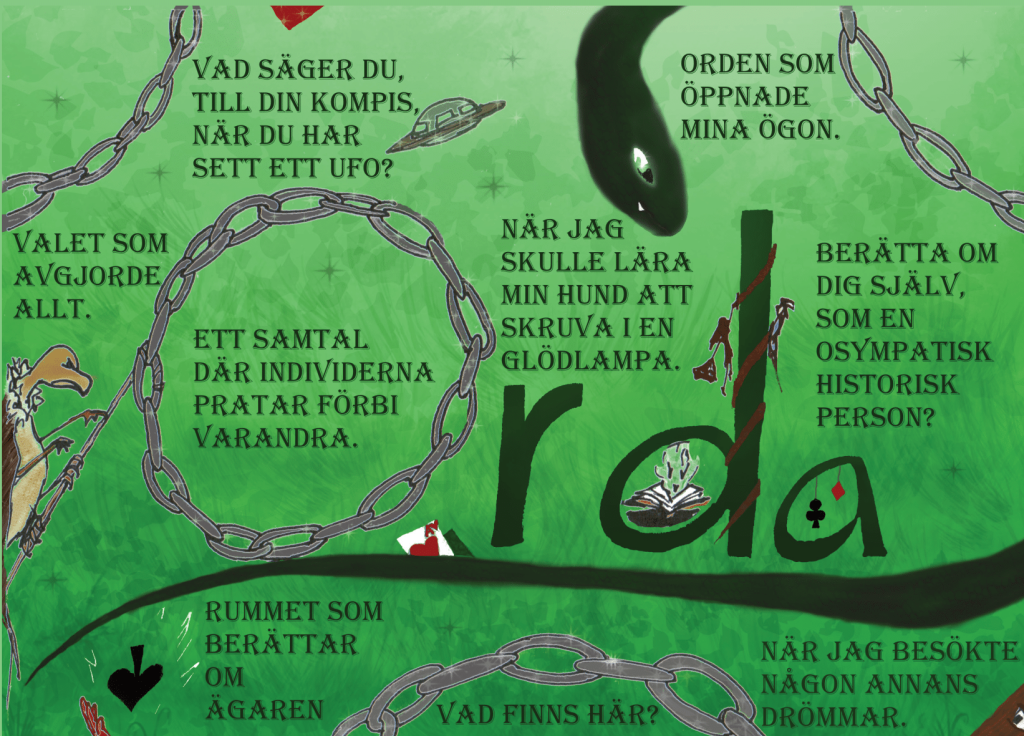 Vykort från Orda med många korta texter på grön bakgrund runt ordet "Orda". 