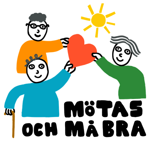 Logotyp för projektet Mötas och må bra. Tre tecknade personer håller ett hjärta och solen lyser. 